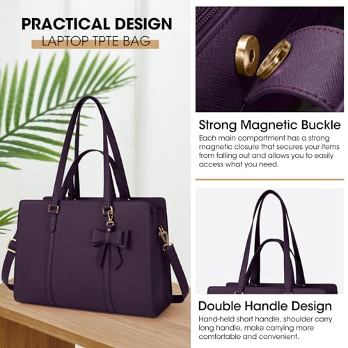 NUBILY Laptop Bag for Women 15.6 inch Leather Work Tote Bag | Waterproof Computer Bag with Bow Large Briefcase with Multi-Pockets Handbag Purse for Business Office Commuting Purple - color: Dark Purple