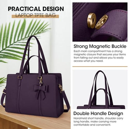 NUBILY Laptop Bag for Women 15.6 inch Leather Work Tote Bag | Waterproof Computer Bag with Bow Large Briefcase with Multi-Pockets Handbag Purse for Business Office Commuting Purple - color: Dark Purple