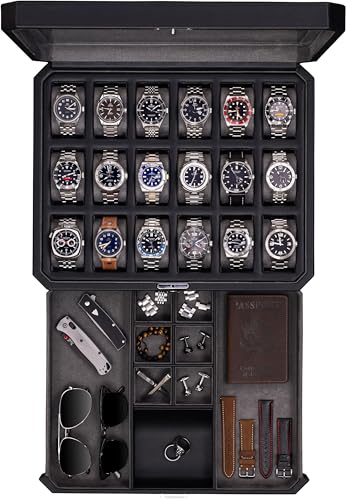 ROTHWELL 18-Slot Watch Case with Drawer – Luxury Watch Box for Men, Real Glass Top, Lockable, Display Case for Collections (Black/Grey) - color: Black / Grey