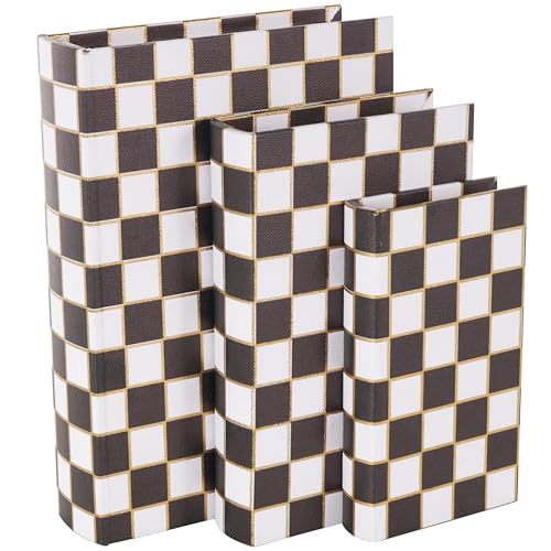 Deco 79 Faux Leather Decorative Box Faux Book Storage Book Shaped Boxes with Black and Gold Square Patterns, Set of 3 Decorative Keepsake Boxes 13", 11", 9"H, White - color: Black, size: 13", 11", 9"H