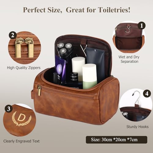 OXYEFEI Personalized Toiletry Bag for Men,Personalized Gifts for Men,Engraved Initial PU Leather Mens Toiletry Travel Shaving Travel Essentials Toiletries Bag for Him Birthday (B, Light Brown) - color: Light Brown, style: B