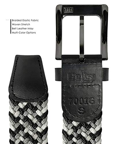 Belts.com Men's Gray Braided Elastic Stretch Belt 1-3/8" Wide Canvas Fabric Woven Casual Belt With Prong Buckle - color: Black/Gray/White, size: X-Large (for waist 39"-41")