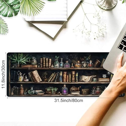 Desk Pad, Black Academia Fantasy Bookshelf Goth Skull XL Gaming Mouse Pad with Stitched Edges,Non-Slip Waterproof Rubber Base Large Desk Mat for Keyboard and Mouse 31.5"x11.8" - color: Colour12, size: X-Large