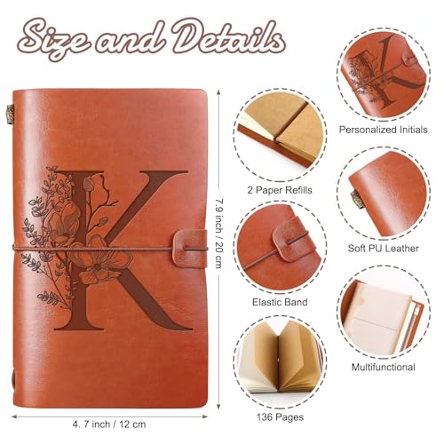 Booson Initial Leather Travel Journal Monogrammed Notebook Personalized | Appreciation Gifts Refillable Diary Writing Notepad for Women Graduation Birthday Christmas(K) - style: K