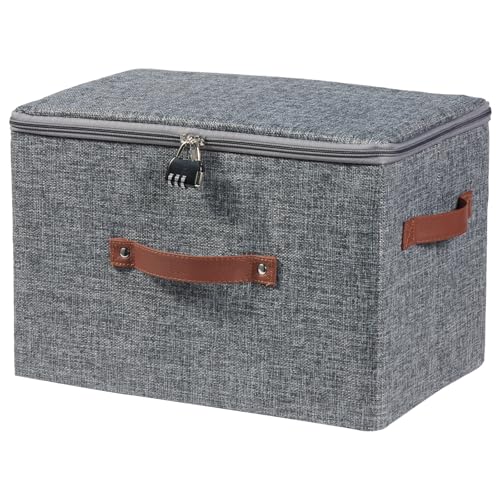 Lockable Storage Bins Box with Zipper Lid Combination Lock | Cotton Linen Fabric Lidded Baskets, Foldable Washable Closet Shelf Organizer Container, w/ PU Leather Handles, Gray, Large - color: Gray, size: Large ( Set of 1 )