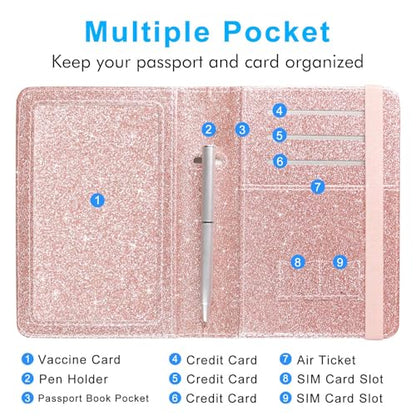 ACdream Unisex Faux Leather Passport and Vaccine Card Holder, Glitter Rose, RFID Blocking, Protects Valuable Information - color: *Glitter Rose, style: Passport Holder - Elastic Band Closure