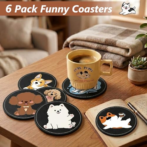 6 Pack Cute Dog Leather Coasters for Drinks, 3.9 Inch Round Drink Cup Mats, Heat Resistant Coasters for Table Protection, Funny Pet Lover Gifts for Men Women - color: Black-6 Pcs