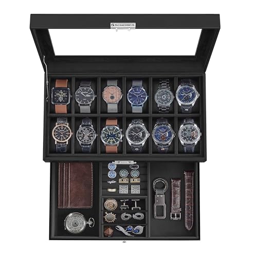 SONGMICS Watch Box, 12-Slot Watch Case Organizer with Large Glass Lid, 2 Layers, Removable Pillows, Metal Lock, Gift for Loved Ones, Black Synthetic Leather, Black Lining UJWB012B03 - color: Black + Black, size: 12 Slot