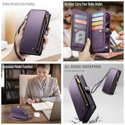 Defencase for iPhone 14 Pro Max Wallet Case with RFID Card Holder, Purple | Durable Soft PU Leather, with Zipper Pocket, Wrist Strap, Fashion Snap Flip Phone Cases Cover with Stand for Women and Men - color: Purple