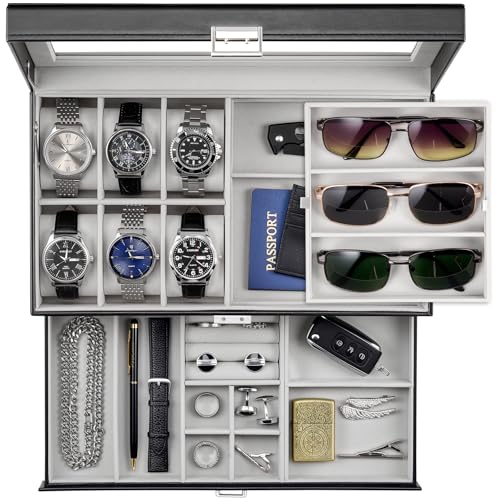 ProCase Mens Jewelry Box, 6 Slot Watch Box & 3 Slot Sunglass Holder -Black | 2-layer Lockable Sunglasses Jewelry Organizer Storage for Men, Watch Display Case with Drawer, Clear Lid, Father Gift - color: Black