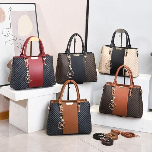 Purse and Handbags for Women, 3 Zip Compartments Tote Bag Designer Shoulder Purse Top Handle Satchel Bags - color: Igg-dark Red