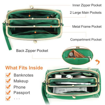 CONTACTS Full Grain Leather Kiss Lock Clutch Purse for Women Evening Clutch Bag Kiss Clasp Handbag - color: Green