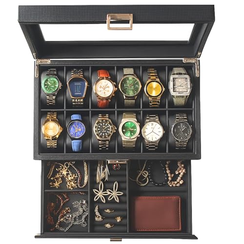 Watch Box for Men 12 Slot with Valet Drawer | 2-Tier Carbon Fiber Watch Case with Glass Lid | Luxury Watch and Jewelry Organizer | Watch Display Case - Ideal Gift for Men Women - size: 12 Slots Black