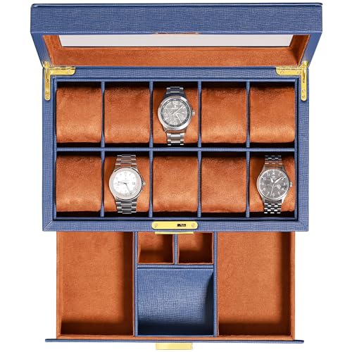 ROTHWELL 10-Slot Watch Box in Leather with Valet Drawer, Luxury Watch Case Display Organizer with Ultra Soft Microsuede Liner, Jewelry and Sunglass Holder With Large Glass top (Blue/Tan) - color: Blue/Tan