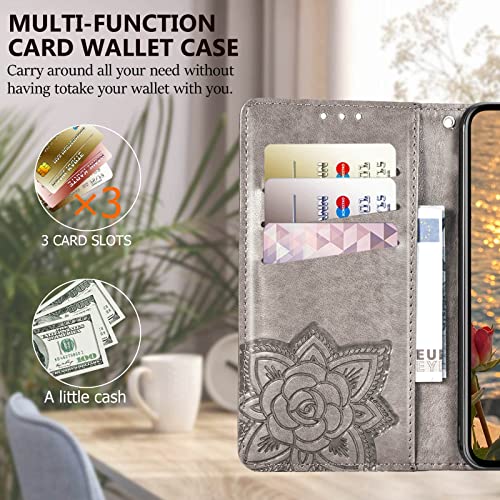 for Samsung Galaxy A17 5G Phone Case Wallet,Gray | Butterfly Embossed PU Leather, Credit Card Holders, Wrist Strap, Magnetic Closure, Flip Protective Purse Cover for Women Men - color: Gray