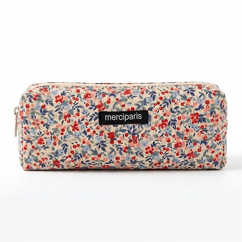 Flower Prints Pencil Pen Pouch Purse Bag Cosmetic Case Organizer Soft Cotton Canvas (GR) - color: GR