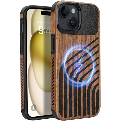 Magnetic Case Compatible with iPhone 15 Case [Compatible with MagSafe] Wood and Leather Carbon Fiber Design Hybrid Shockproof Phone Case 6.1" (Wood and Leather) - color: Wood Leather, size: iPhone 15