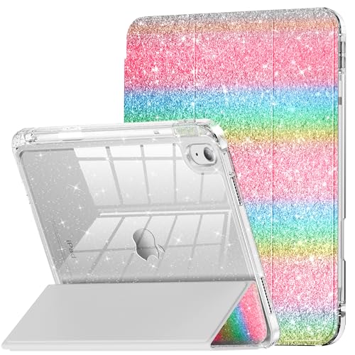 INFILAND Glitter Case for iPad A16 11th/10th Generation 11/10.9 Inch | 2025/2022 Sparkly Clear Cute Protective Cover Back with Pencil Holder For Kids Girls Rainbow - color: Rainbow