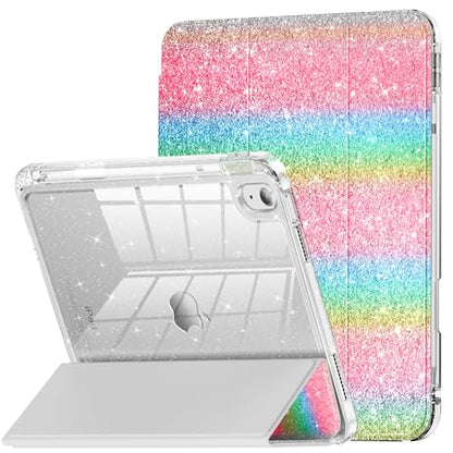 INFILAND Glitter Case for iPad A16 11th/10th Generation 11/10.9 Inch | 2025/2022 Sparkly Clear Cute Protective Cover Back with Pencil Holder For Kids Girls Rainbow - color: Rainbow