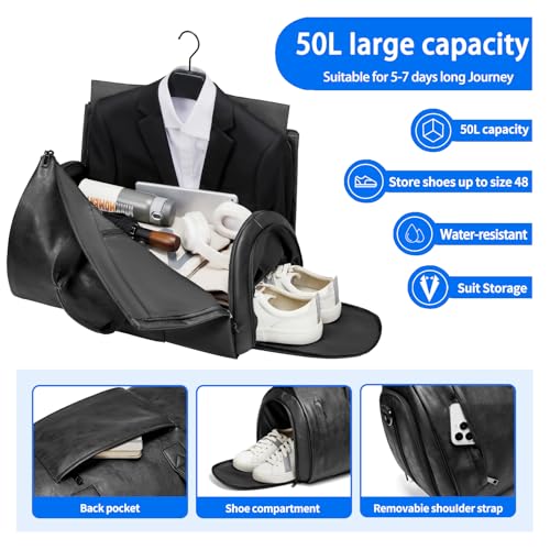 Leather Garment Bag，Convertible Garment Duffel Bag for Travel Mens Suit Bag 2 in 1 Waterproof Foldable Carry on Garment Bag with Shoulder Strap Weekender Bag with Shoe Pouch - color: PU-Black