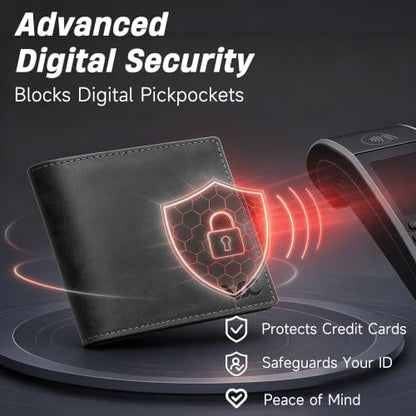 Men's 100% Genuine Leather Slim Bifold Wallet, Minimalist Front Pocket RFID Blocking Card Holder with 2 Thumb Notch ID Window, 8 Card Slots & Cash Pocket, Gift for Men (Black) - color: Black