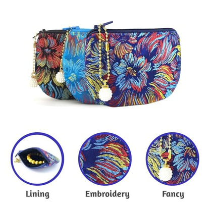 Handmade Jewelry Pouch Women Coin Purse Brocade Zipper Wallet Silk Rosary Bag Flower Pattern - DarkBlue_Colorful - color: DarkBlue