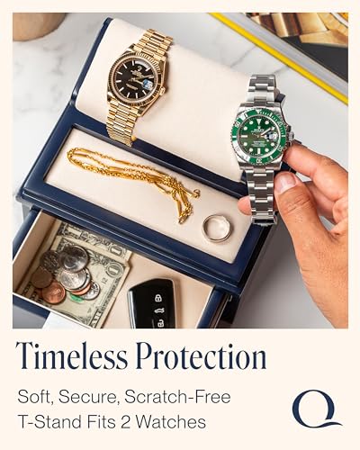 QWATCH Watch Stand Display Case - Acrylic Watch Box for 2 or 4 Watches with Jewelry Valet Tray and Drawer - color: Single - Navy / Ivory