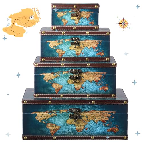 Yousoontic 4 Pack Wooden Storage Box Wood and Leather Treasure Chest with Lid and Lock Vintage Decorative Wooden Storage Box for Birthday Travel Vintage Wedding Gift(Blue World Map and Travel Theme) - style: Blue World Map and Travel Theme