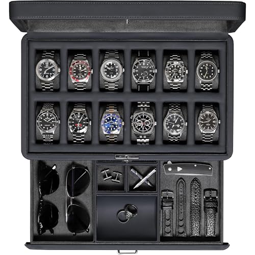 ROTHWELL Luxury Watch Box for 12 Watches – PU Leather Watch Box with Real Glass Lid – Slide out Accessory Drawer with Multiple Compartments (Carbon) - color: Carbon