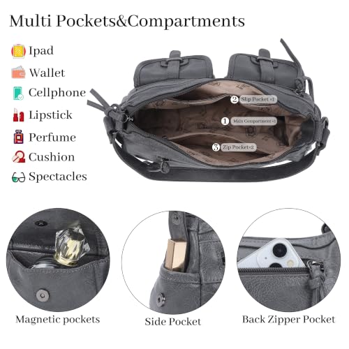 Angel Kiss Hobo Purses for Women Crossbody Shoulder Bag Ladies Multi Pocket Handbags with Adjustable Shoulder Strap | Soft Vegan Leather - color: Grey