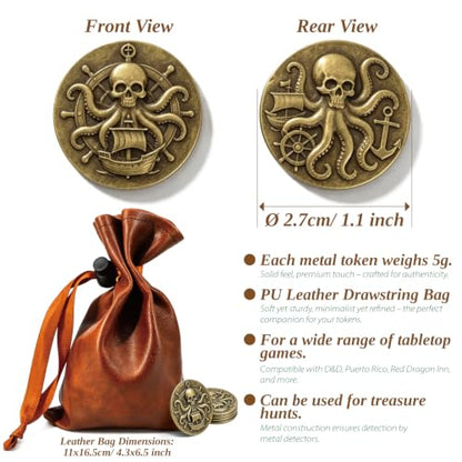 Pirate Metal Coins Set with Leather Drawstring Pouch, Octopus Theme, Gold and Silver (Gold 100 pcs) - color: Gold 100 Pcs