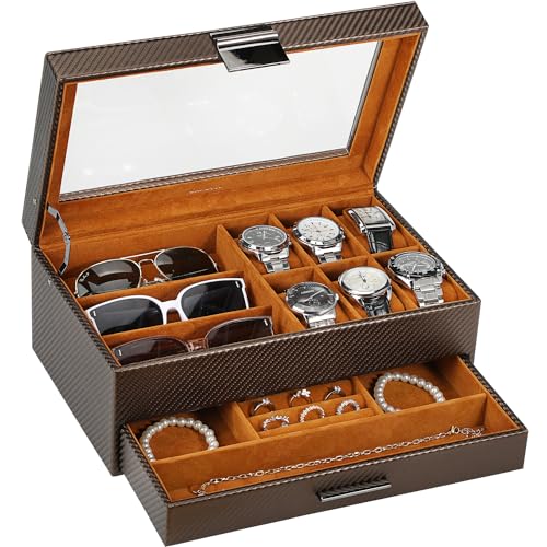 LANDICI 2-Layer PU Leather Watch and Jewelry Box, Coffee and Brown | Six watch slots, glass lid and lower drawer organize watches, sunglasses, rings, bracelets, cufflinks and necklaces - color: Coffee & Orange