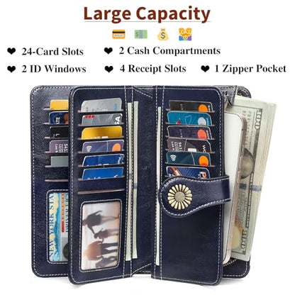 SENDEFN Womens Wallet RFID Blocking Card Holder Large Leather Wristlet - color: 1-Wax-Blue-3