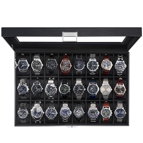 ProCase Watch Box for Men, 24 Slot Display Case with Real Glass Lid | Premium Storage Holder Organizer with Removable Pillows, Gift for Dad & Father's Day & Watch Collectors - color: AllBlack