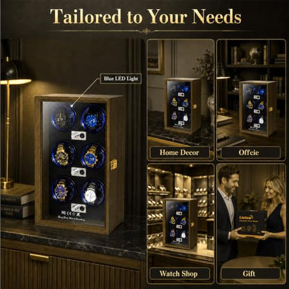Watch Winder for Automatic Watches, Walnut 6 Slots Winding Watch Box with Japanese Blue LED & Quiet Motor for Rolex and Auto Watches, Wooden Rotating Watch Case Used for Display, Storage & Gift - size: 6 slots