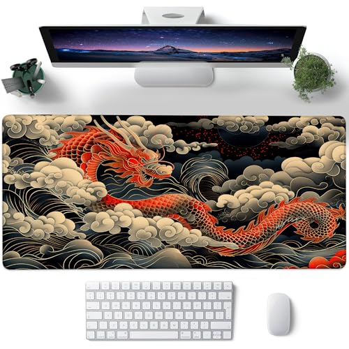 Desk Pad, Japanese Wave and Red Dragon Auspicious Clouds XXL Gaming Mouse Pad with Stitched Edges,Non-Slip Waterproof Rubber Base Large Desk Mat for Keyboard and Mouse 35.4"x15.7" - color: Colour5, size: 35.4" x 15.7"