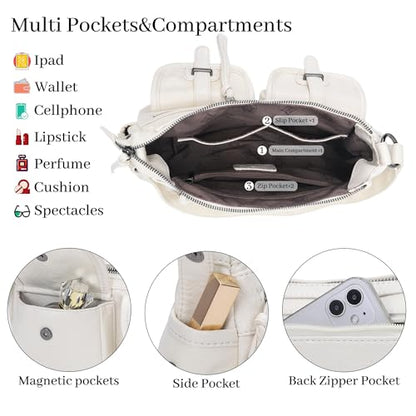 Angel Kiss Hobo Purses for Women Crossbody Shoulder Bag Ladies Multi Pocket Handbags with Adjustable Shoulder Strap | Soft Vegan Leather - color: White