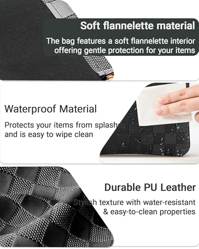 2 Pack Checkered Makeup Bag PU Leather Cosmetic Pouch Snap Closure | 7x5.5 & 4.5x4.5 Inch, Travel Daily Use, Coin Lipstick Holder, Purse Organizer, Stain-Resistant, 3 Colors - color: black