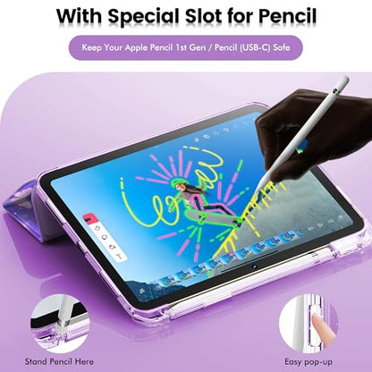 INFILAND Glitter Case for iPad A16 11th/10th Generation 11/10.9 Inch | 2025/2022 Sparkly Clear Cute Protective Cover Back with Pencil Holder For Kids Girls Purple Flutter - color: Purple Flutter