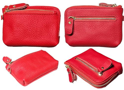 Women Genuine Real Leather Coin Purse with Hand Strap. 3 Zipper Small Wallet Wristlet with 3 credit cards slots Holder - Red - color: #13 Red