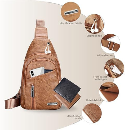 Sling Bag Set, PU Leather Sling Bag, Multi-Zipper Design for Travel, Outdoors, Valentine’s Day Gifts - color: Light Brown