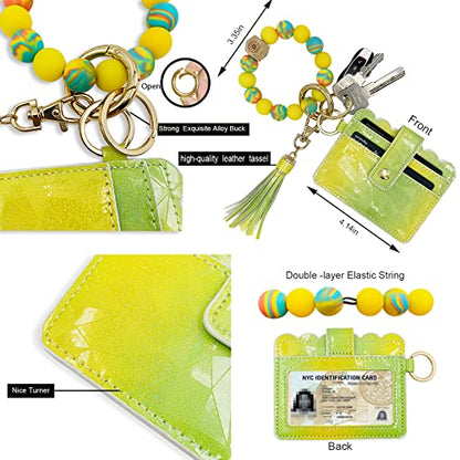 Keychain Wallet Wristlet Small Credit Card Holder Bracelet Key Chain Purse Bangle Tassel Beads Key Rings for Women - color: 01-lemon Noctilucent