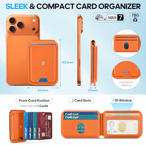 SHIELDON Genuine Leather for MagSafe Wallet Stand, 6 Card Holders, Orange - color: Orange