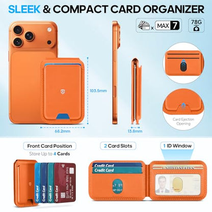 SHIELDON Genuine Leather for MagSafe Wallet Stand, 6 Card Holders, Orange - color: Orange