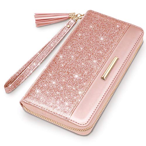 Coco Rossi Pink Glitter Wallet for Women RFID Blocking Credit Card Holder | PU Leather, Zipper Around, Multi Card Case, Clutch with Tassel Wristlet Wrist Strap, Gifts for Girls Ladies - color: A Pink Glitter