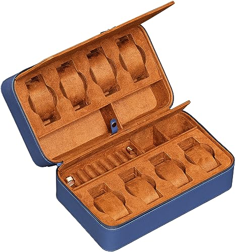 ROTHWELL 8 Watch Travel Case Storage Organizer for 8 Watches, Sunglasses, Rings & Cufflinks |Tough Portable Protection with Zipper Fits Most Wristwatches & Smart Watches Up to 50mm (Blue/Tan) - color: Blue/Tan
