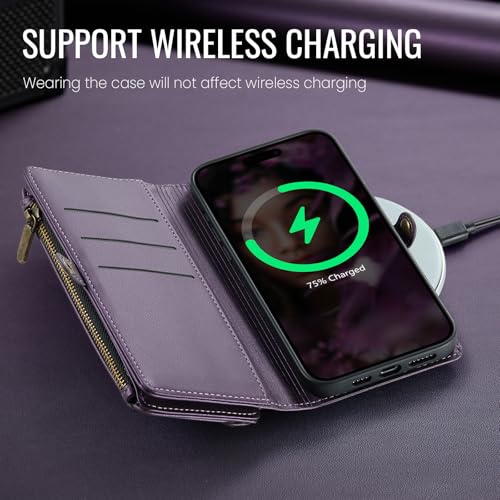Defencase for iPhone 14 Pro Max Wallet Case with RFID Card Holder, Purple | Durable Soft PU Leather, with Zipper Pocket, Wrist Strap, Fashion Snap Flip Phone Cases Cover with Stand for Women and Men - color: Purple