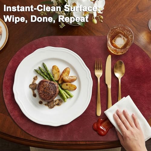 Placemats, Oval Placemats 2mm Ultra Thick Faux Leather Table Mats, Heat Resistant Waterproof Wipeable Dining Mats for Kitchen Table, Set of 12, Wine Red - color: Wine Red, size: Placemats set of 12