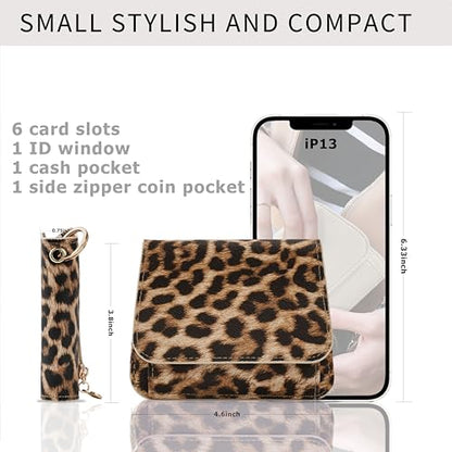 Women Small Wallet RFID Blocking Slim Wallet with Coin Pocket Tri-Fold Credit Card Holder with ID Window and Keychain (Leopard) - color: Leopard