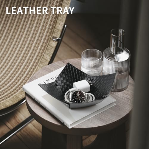 KINIVA 2 Pack PU Leather Jewelry Valet Tray for Men Women,Small Key Bowl for Entryway Table,Portable Travel Catchall Dice Tray (Bowl-Black-2pcs) - style: Bowl-Black-2pcs